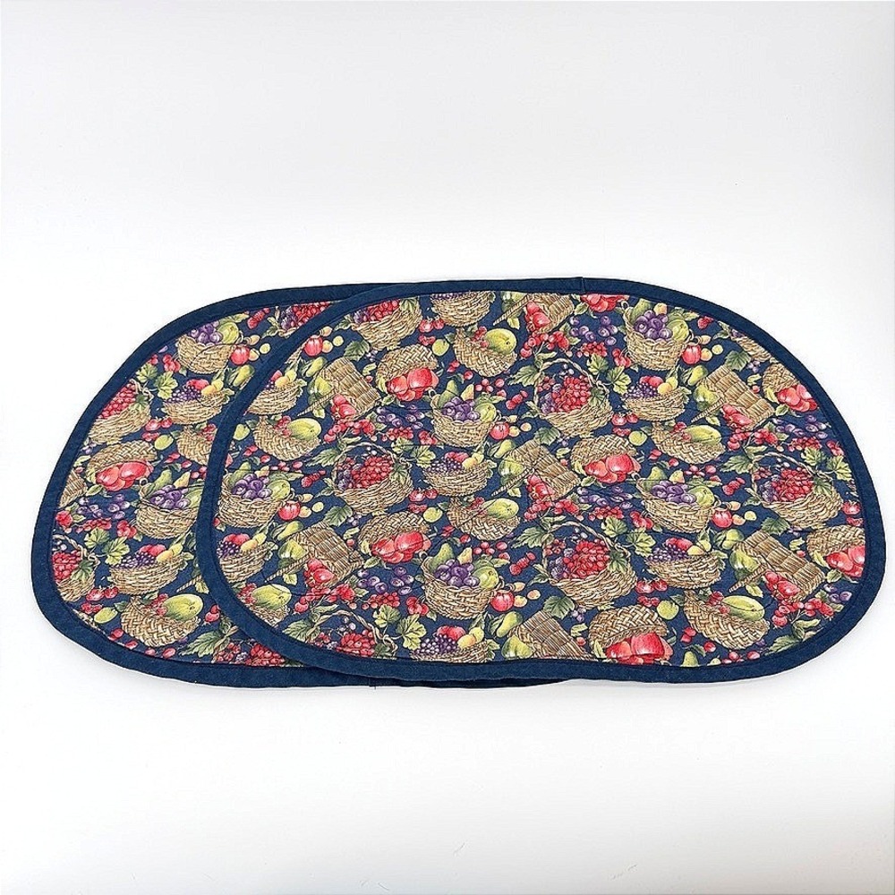 Placemats Fruit Basket Floral Quilted Navy Blue Vintage Kitchen Decor Set of 2